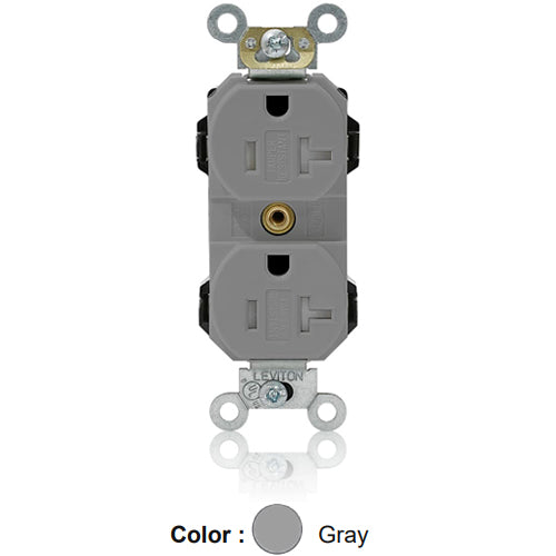 Leviton MT563-SGY, Lev-Lok Straight Blade Duplex Receptacle, Heavy-Duty Industrial Specification Grade, Smooth Face, Tamper-Resistant, 20A 125V, NEMA 5-20R, 2-Pole, 3-Wire, Modular Terminals, Gray