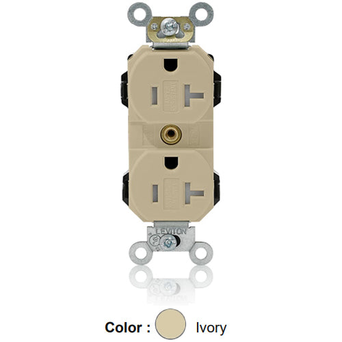 Leviton MT563-SI, Lev-Lok Straight Blade Duplex Receptacle, Heavy-Duty Industrial Specification Grade, Smooth Face, Tamper-Resistant, 20A 125V, NEMA 5-20R, 2-Pole, 3-Wire, Modular Terminals, Ivory