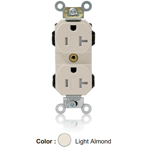 Leviton MT563-ST, Lev-Lok Straight Blade Duplex Receptacle, Heavy-Duty Industrial Specification Grade, Smooth Face, Tamper-Resistant, 20A 125V, NEMA 5-20R, 2-Pole, 3-Wire, Modular Terminals, Light Almond