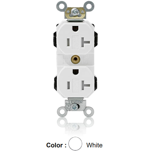 Leviton MT563-SW, Lev-Lok Straight Blade Duplex Receptacle, Heavy-Duty Industrial Specification Grade, Smooth Face, Tamper-Resistant, 20A 125V, NEMA 5-20R, 2-Pole, 3-Wire, Modular Terminals, White