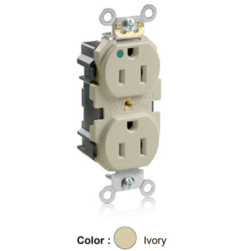 Leviton MT820-I, Lev-Lok Straight Blade Duplex Receptacle, Heavy-Duty Hospital Grade, Tamper-Resistant, Smooth Face, 15A 125V, NEMA 5-15R, 2-Pole, 3-Wire, Modular Terminals, Ivory