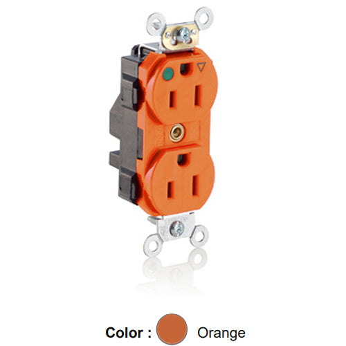 Leviton MT820-IG, Lev-Lok Straight Blade Duplex Receptacle, Heavy-Duty Hospital Grade, Tamper-Resistant, Isolated Ground, Smooth Face, 15A 125V, NEMA 5-15R, 2-Pole, 3-Wire, Modular Terminals, Orange