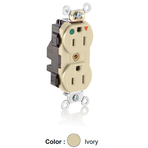 Leviton MT820-IGI, Lev-Lok Straight Blade Duplex Receptacle, Heavy-Duty Hospital Grade, Tamper-Resistant, Isolated Ground, Smooth Face, 15A 125V, NEMA 5-15R, 2-Pole, 3-Wire, Modular Terminals, Ivory