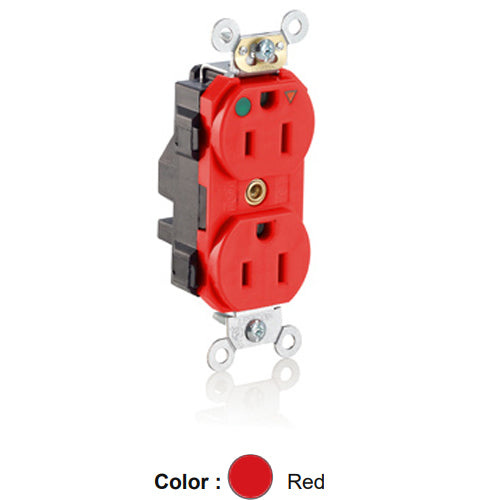 Leviton MT820-IGR, Lev-Lok Straight Blade Duplex Receptacle, Heavy-Duty Hospital Grade, Tamper-Resistant, Isolated Ground, Smooth Face, 15A 125V, NEMA 5-15R, 2-Pole, 3-Wire, Modular Terminals, Red