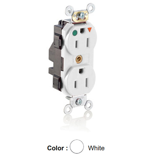 Leviton MT820-IGW, Lev-Lok Straight Blade Duplex Receptacle, Heavy-Duty Hospital Grade, Tamper-Resistant, Isolated Ground, Smooth Face, 15A 125V, NEMA 5-15R, 2-Pole, 3-Wire, Modular Terminals, White