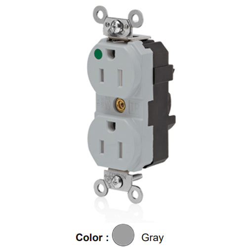 Leviton MT820-ILG, Lev-Lok Straight Blade Duplex Receptacle, Extra Heavy-Duty Hospital Grade, Tamper-Resistant, Illuminated, Smooth Face, 15A 125V, NEMA 5-15R, 2-Pole, 3-Wire, Modular Terminals, Nickel-Plated Brass Strap, Gray