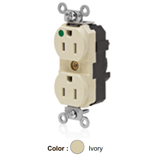 Leviton MT820-ILI, Lev-Lok Straight Blade Duplex Receptacle, Extra Heavy-Duty Hospital Grade, Tamper-Resistant, Illuminated, Smooth Face, 15A 125V, NEMA 5-15R, 2-Pole, 3-Wire, Modular Terminals, Nickel-Plated Brass Strap, Ivory