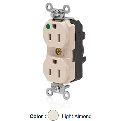 Leviton MT820-ILT, Lev-Lok Straight Blade Duplex Receptacle, Extra Heavy-Duty Hospital Grade, Tamper-Resistant, Illuminated, Smooth Face, 15A 125V, NEMA 5-15R, 2-Pole, 3-Wire, Modular Terminals, Nickel-Plated Brass Strap, Light Almond