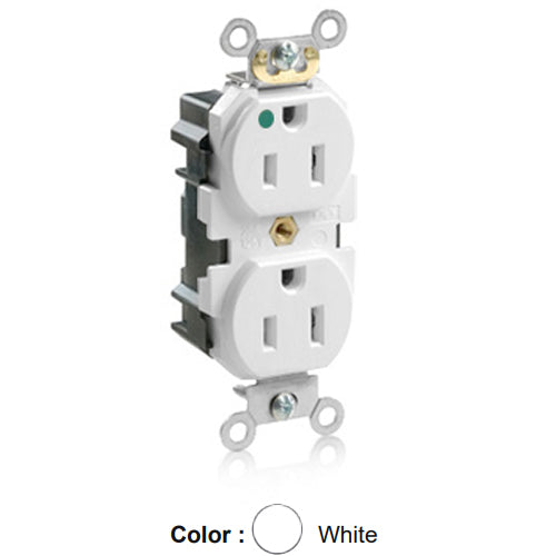 Leviton MT820-W, Lev-Lok Straight Blade Duplex Receptacle, Heavy-Duty Hospital Grade, Tamper-Resistant, Smooth Face, 15A 125V, NEMA 5-15R, 2-Pole, 3-Wire, Modular Terminals, White
