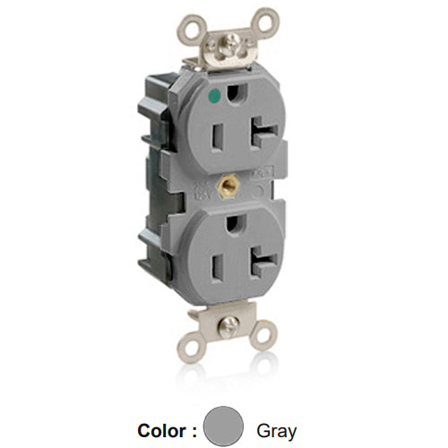 Leviton MT830-GY, Lev-Lok Straight Blade Duplex Receptacle, Heavy-Duty Hospital Grade, Tamper-Resistant, Smooth Face, 20A 125V, NEMA 5-20R, 2-Pole, 3-Wire, Modular Terminals, Gray