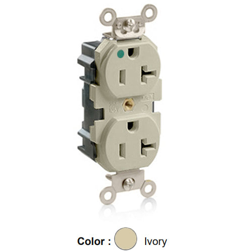 Leviton MT830-I, Lev-Lok Straight Blade Duplex Receptacle, Heavy-Duty Hospital Grade, Tamper-Resistant, Smooth Face, 20A 125V, NEMA 5-20R, 2-Pole, 3-Wire, Modular Terminals, Ivory