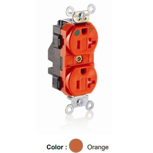 Leviton MT830-IG, Lev-Lok Straight Blade Duplex Receptacle, Heavy-Duty Hospital Grade, Tamper-Resistant, Isolated Ground, Smooth Face, 20A 125V, NEMA 5-20R, 2-Pole, 3-Wire, Modular Terminals, Orange