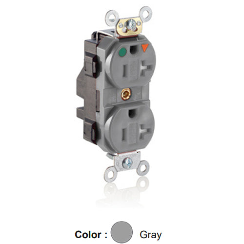 Leviton MT830-IGG, Lev-Lok Straight Blade Duplex Receptacle, Heavy-Duty Hospital Grade, Tamper-Resistant, Isolated Ground, Smooth Face, 20A 125V, NEMA 5-20R, 2-Pole, 3-Wire, Modular Terminals, Gray