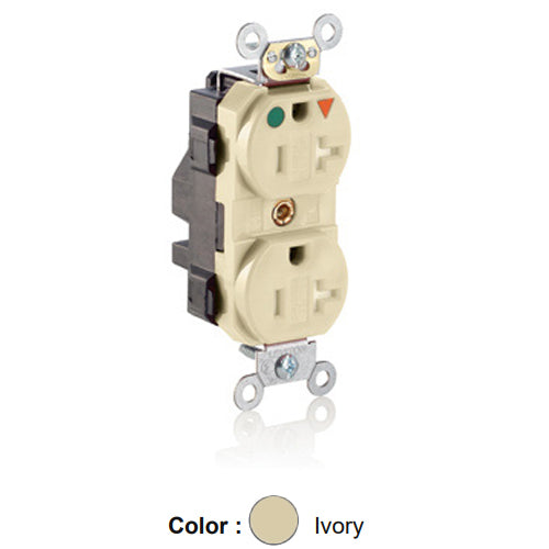 Leviton MT830-IGI, Lev-Lok Straight Blade Duplex Receptacle, Heavy-Duty Hospital Grade, Tamper-Resistant, Isolated Ground, Smooth Face, 20A 125V, NEMA 5-20R, 2-Pole, 3-Wire, Modular Terminals, Ivory