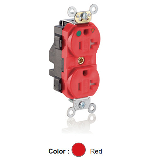 Leviton MT830-IGR, Lev-Lok Straight Blade Duplex Receptacle, Heavy-Duty Hospital Grade, Tamper-Resistant, Isolated Ground, Smooth Face, 20A 125V, NEMA 5-20R, 2-Pole, 3-Wire, Modular Terminals, Red