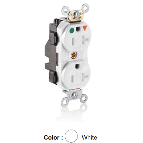 Leviton MT830-IGW, Lev-Lok Straight Blade Duplex Receptacle, Heavy-Duty Hospital Grade, Tamper-Resistant, Isolated Ground, Smooth Face, 20A 125V, NEMA 5-20R, 2-Pole, 3-Wire, Modular Terminals, White