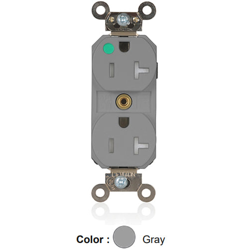 Leviton MT830-ILG, Lev-Lok Straight Blade Duplex Receptacle, Extra Heavy-Duty Hospital Grade, Tamper-Resistant, Illuminated, Smooth Face, 20A 125V, NEMA 5-20R, 2-Pole, 3-Wire, Modular Terminals, Nickel-Plated Brass Strap, Gray