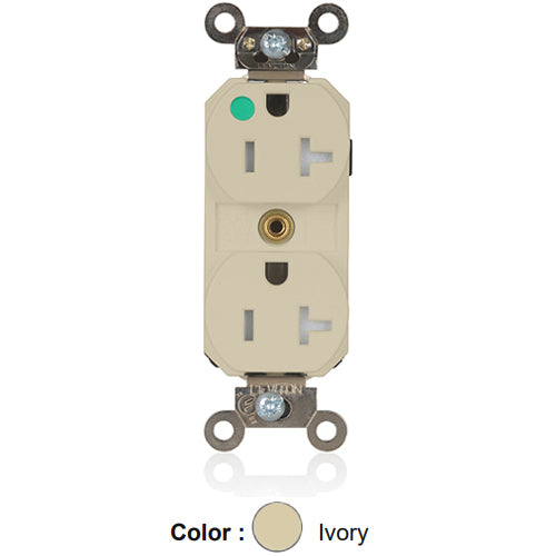 Leviton MT830-ILI, Lev-Lok Straight Blade Duplex Receptacle, Extra Heavy-Duty Hospital Grade, Tamper-Resistant, Illuminated, Smooth Face, 20A 125V, NEMA 5-20R, 2-Pole, 3-Wire, Modular Terminals, Nickel-Plated Brass Strap, Ivory