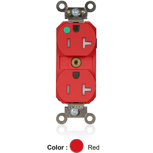 Leviton MT830-ILR, Lev-Lok Straight Blade Duplex Receptacle, Extra Heavy-Duty Hospital Grade, Tamper-Resistant, Illuminated, Smooth Face, 20A 125V, NEMA 5-20R, 2-Pole, 3-Wire, Modular Terminals, Nickel-Plated Brass Strap, Red