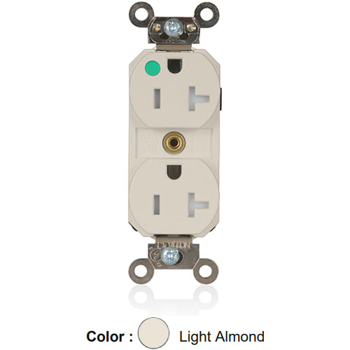 Leviton MT830-ILT, Lev-Lok Straight Blade Duplex Receptacle, Extra Heavy-Duty Hospital Grade, Tamper-Resistant, Illuminated, Smooth Face, 20A 125V, NEMA 5-20R, 2-Pole, 3-Wire, Modular Terminals, Nickel-Plated Brass Strap, Light Almond