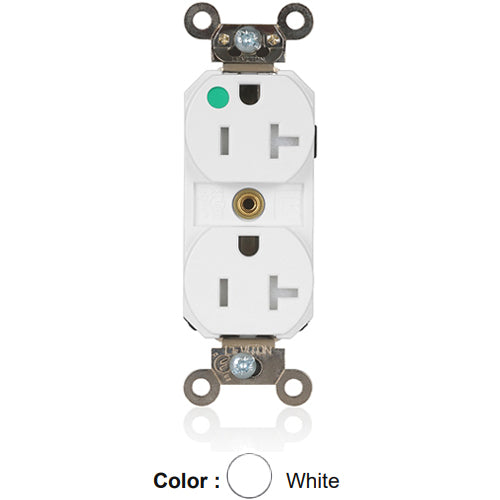 Leviton MT830-ILW, Lev-Lok Straight Blade Duplex Receptacle, Extra Heavy-Duty Hospital Grade, Tamper-Resistant, Illuminated, Smooth Face, 20A 125V, NEMA 5-20R, 2-Pole, 3-Wire, Modular Terminals, Nickel-Plated Brass Strap, White
