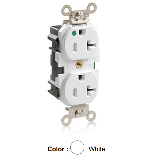 Leviton MT830-W, Lev-Lok Straight Blade Duplex Receptacle, Heavy-Duty Hospital Grade, Tamper-Resistant, Smooth Face, 20A 125V, NEMA 5-20R, 2-Pole, 3-Wire, Modular Terminals, White