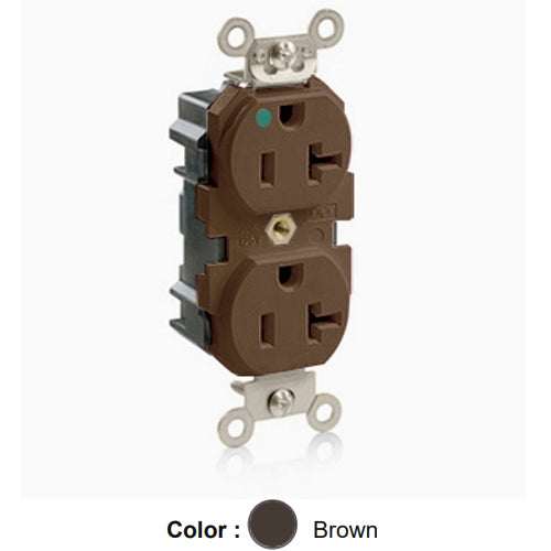 Leviton MT830, Lev-Lok Straight Blade Duplex Receptacle, Heavy-Duty Hospital Grade, Tamper-Resistant, Smooth Face, 20A 125V, NEMA 5-20R, 2-Pole, 3-Wire, Modular Terminals, Brown