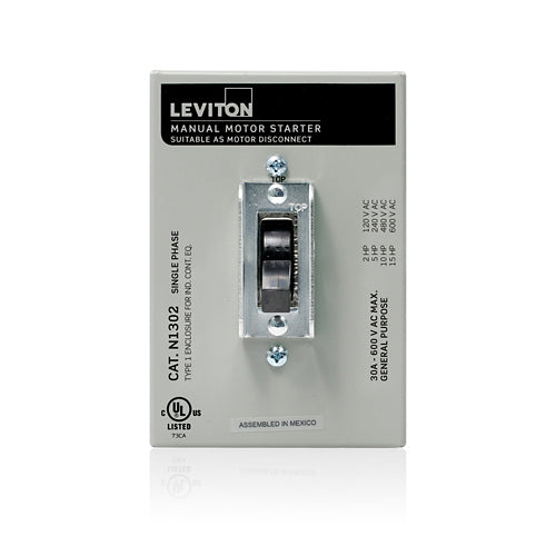 Leviton N1302-DS, Double-Pole AC Manual Motor Controller Enclosed Switch, Suitable as Motor Disconnect, Standard Toggle, Industrial Grade, 30 Amp, 600 Volt, Type 1 Metal Enclosure, Back & Side Wired, Gray