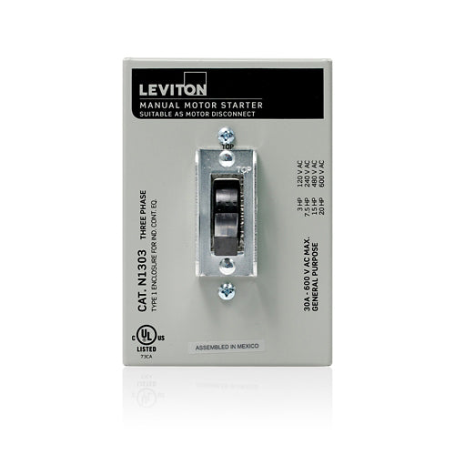 Leviton N1303-DS, Three-Pole AC Manual Motor Controller Enclosed Switch, Suitable as Motor Disconnect, Standard Toggle, Industrial Grade, 30 Amp, 600 Volt, Type 1 Metal Enclosure, Back & Side Wired, Gray