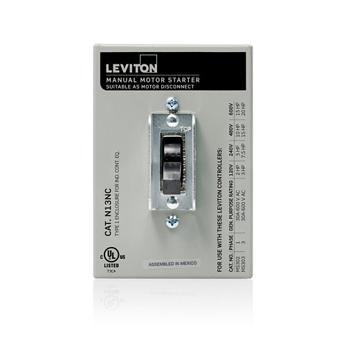 Leviton N13NC-DS, Type 1 Manual Motor Controller Enclosure (For Use with 30 Amp Motor Controller Switches), Steel, Gray