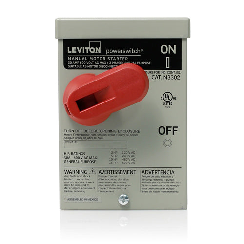 Leviton N3302-DS, Double-Pole AC Manual Motor Controller Enclosed Switch, Suitable as Motor Disconnect, Pistol Grip Toggle, Industrial Grade, 30 Amp, 600 Volt, Type 3R Metal Enclosure, Back & Side Wired, Gray