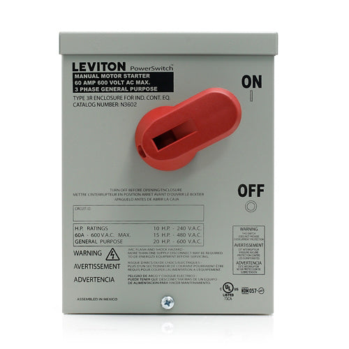 Leviton N36NC, Type 3R Manual Motor Controller Enclosure (For Use with 60 Amp Motor Controller Switches), Steel, Gray