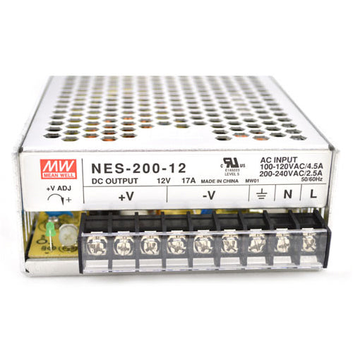 Mean Well NES-200-12, 200W Single Output Switching LED Power Supply, 90-132VAC/254-370VDC Input, 12VDC Output, 17 Amps, Maximum Rated Power 204 Watt