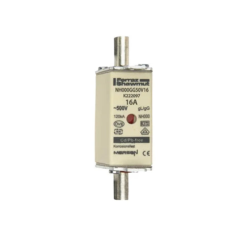 Mersen NH000GG50V16, DIN NH Standard fuse-link gG, Size NH000, 500VAC/250VDC, 16A, live tags Double indicator