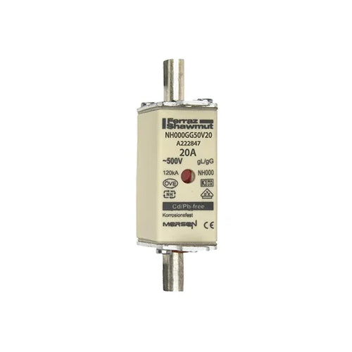 Mersen NH000GG50V20, DIN NH Standard fuse-link gG, Size NH000, 500VAC/250VDC, 20A, live tags Double indicator