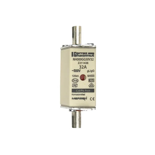Mersen NH000GG50V32, DIN NH Standard fuse-link gG, Size NH000, 500VAC/250VDC, 32A, live tags Double indicator