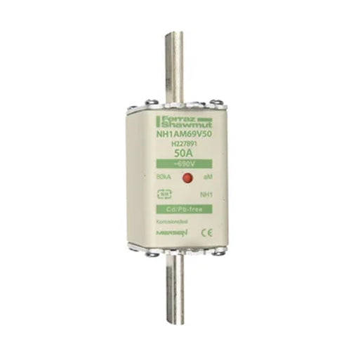 Mersen NH1AM69V50, DIN NH Standard fuse-link aM, Size NH1, 690VAC, 50A, live tags Double indicator