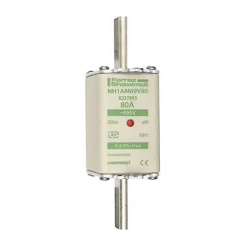 Mersen NH1AM69V80, DIN NH Standard fuse-link aM, Size NH1, 690VAC, 80A, live tags Double indicator