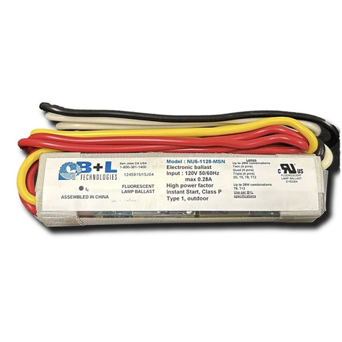 B+L Technologies NU6-1128-MSN, 61128, Nuance 6 Multi-Use Electronic Fluorescent Lamp Ballast, 120VAC Input, 50/60Hz, Up to 28W, Slim Mylar Format