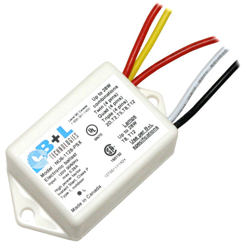 B+L Technologies NU6-1128-PSX, 47152, Nuance 6 Instant Start Miniature Electronic Ballast, 120VAC Input, 50/60Hz, Up to 28W, Side Wire Feed, Matchbox Format X