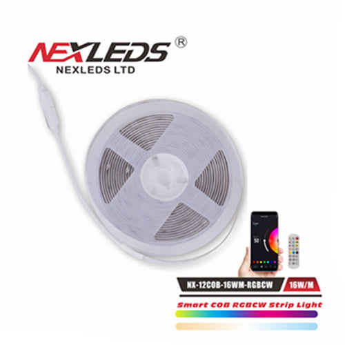 NEXLEDS NX-12COB-16WM-RGBCW, Smart COB RGBCW Strip Light, 100-240VAC, 16W/M, White Color