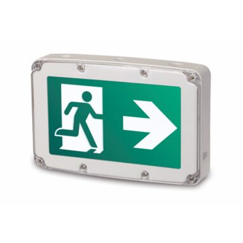 NEXLEDS NX-EMRMWP, Weatherproof Running Man LED Exit Sign, 120-347VAC, 2W, Ni-MH 3.6V 1500mAH, 6500K Daylight, White