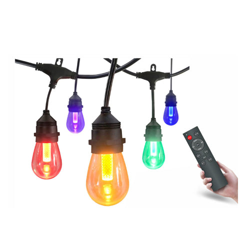 NEXLEDS NX-S14-15M-RGBW, LED RGBW Outdoor String Lights, 100~240V, 1W/Bulb, 40Im/Bulb, RGB+3000K, Black Holder and Black Cable