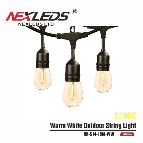 NEXLEDS NX-S14-15M-WW, LED Warm White Outdoor String Lights, 100~240V, 1W/Bulb, 10 Im/Bulb, 2200K, Black Holder and Black Cable
