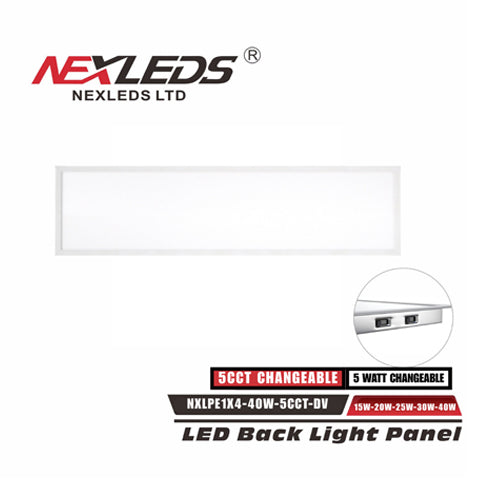 NEXLEDS NXLPE1X4-40W-5CCT-DV, 1X4 LED Backlit Flat Panel Light, 120-347V, Wattage and 5CCT Selectable, 15/20/25/30/40W, 130 Lm/W, CRI >80, 120° Beam Angle, White