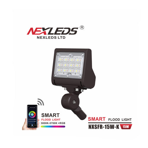 NEXLEDS NXSFR-15W-K, LED Smart Flood Light, 100-277VAC, 15W, 15000 Lumen, 3000K-5700K+RGB, Brown Color, Knuckle Mount