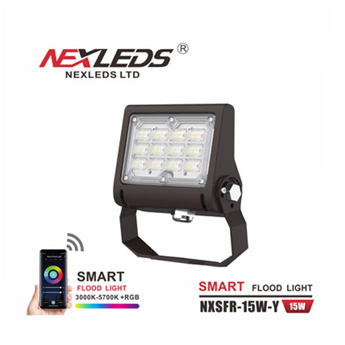 NEXLEDS NXSFR-15W-Y, LED Smart Flood Light, 100-277VAC, 15W, 15000 Lumen, 3000K-5700K+RGB, Brown Color, Bracket Mount