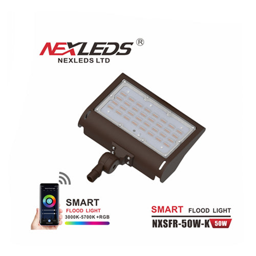 NEXLEDS NXSFR-50W-K, LED Smart Flood Light, 100-277VAC, 50W, 5000 Lumen, 3000K-5700K+RGB, Brown Color, Knuckle Mount