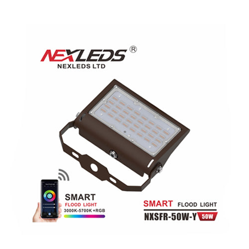 NEXLEDS NXSFR-50W-Y, LED Smart Flood Light, 100-277VAC, 50W, 5000 Lumen, 3000K-5700K+RGB, Brown Color, Bracket Mount