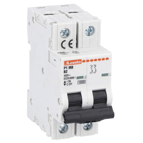 Lovato P1MB2PB63, Miniature Circuit Breaker, Thermal and Magnetic Trip Type, Two Pole (2P), 10kA, 2 Modules, B-Curve Characteristic, 63A